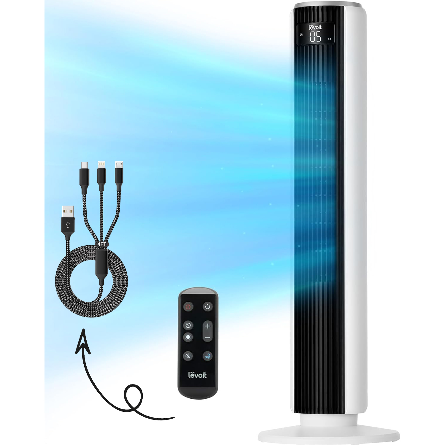 LEVOIT Tower Fan for Bedroom, 25ft/s Velocity 28dB Cooling Fan with Remote, Bladeless and 90° Oscillating Fan with 5 Speeds, 4 Modes, 12H Timer, Standing Fans for Home, White, Classic 36-Inch