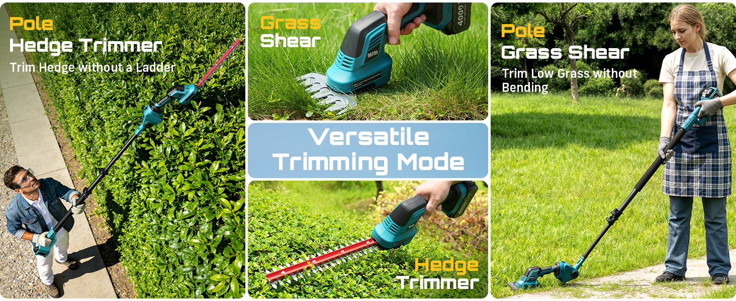 Seesii versatile trimming mode 6-in-1 tool set featuring pole hedge trimmer for tall bushes