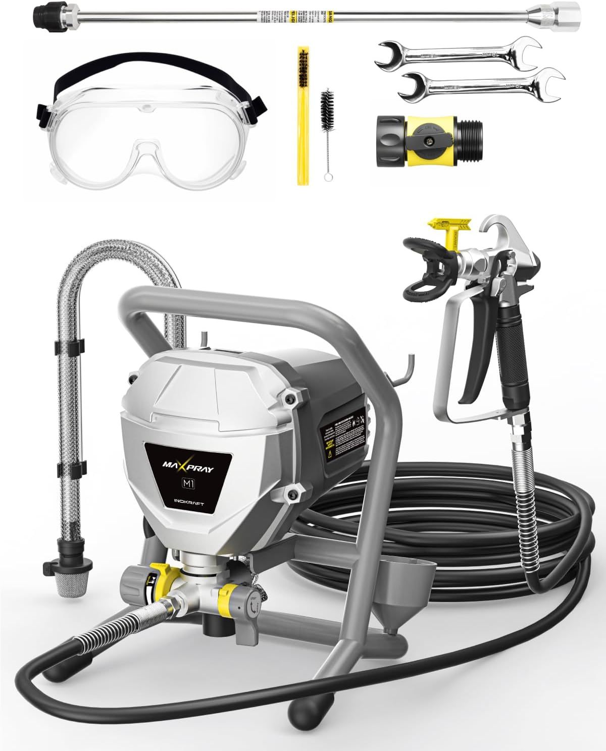 InoKraft MaXpray M1 Pulverizador de Pintura Airless, 3000 PSI 550W, Eléctrico con Cable, Látex sin Diluir, para Interiores y Exteriores, Incluye Pistola y Extensión de 30 cm