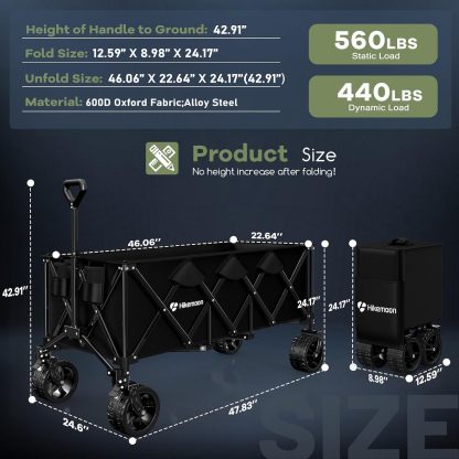 Carro Plegable Hikemoon de 48 Pulgadas, Capacidad de Peso 500 Libras, Negro, Metal, 4 Ruedas Todo Terreno, 7 Pulgadas, 1 Estante, Carro Utilitario para Compras, Jardín, Playa