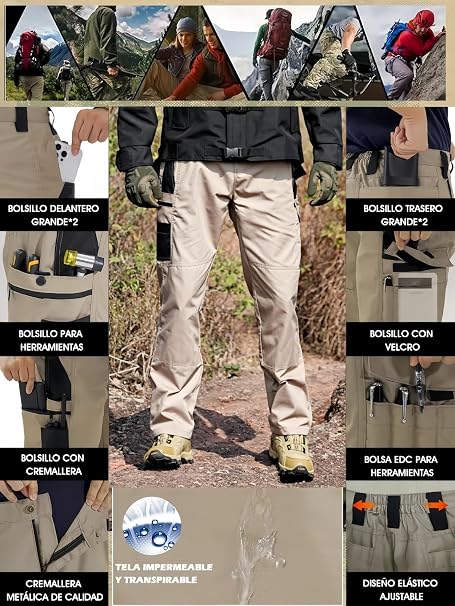 Pantalones de Exterior para Hombres, Pantalones de Cargo Tácticos, Pantalones Cargo Multibolsillos, Tejido Ripstop, Velocidad Impermeable y Seca, Adecuado para Senderismo, Ocio al Aire Libre.