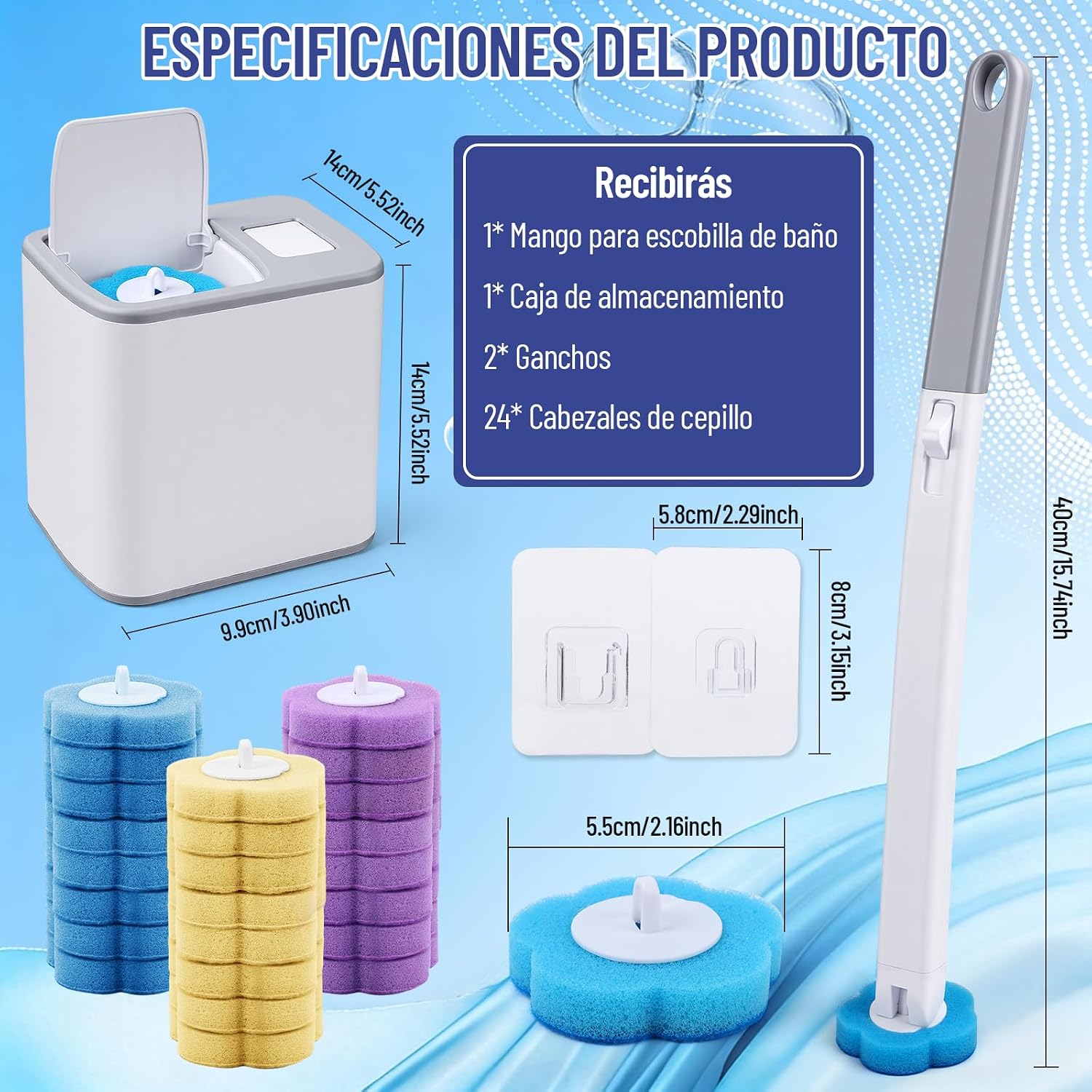 Juego de Cepillo de Inodoro Deshechable, Escobilla para Inodoro Desechable Trae Tu Propia Solución Limpiadora, con 48 Cabezales de Repuesto y Portacepillos de Almacenaje, 2 Ganchos, Limpieza de Baño
