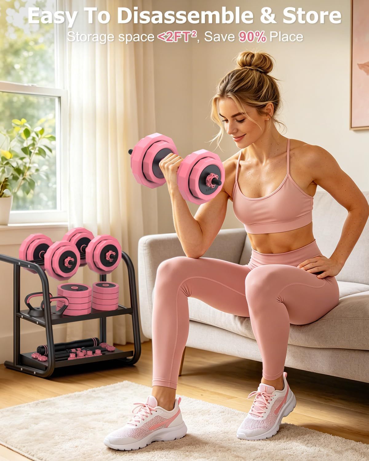 Juego de mancuernas ajustables de arena de hierro 4 en 1, juego de pesas libres con conector, utilizado como barra, pesas rusas, soporte push-up para entrenamientos en casa