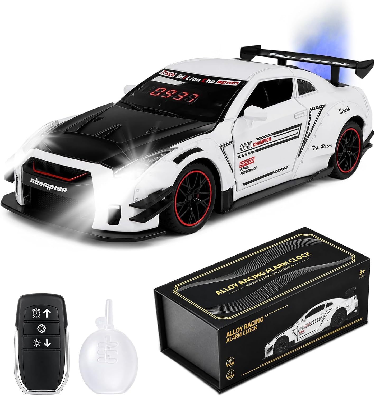Despertador ruidoso con sonido de motor para adultos de sueño profundo | Modelo de hiperdeportivo digital LED para escritorio, con efectos de luz y vapor de escape, y función de retroimpulso (pull-back)