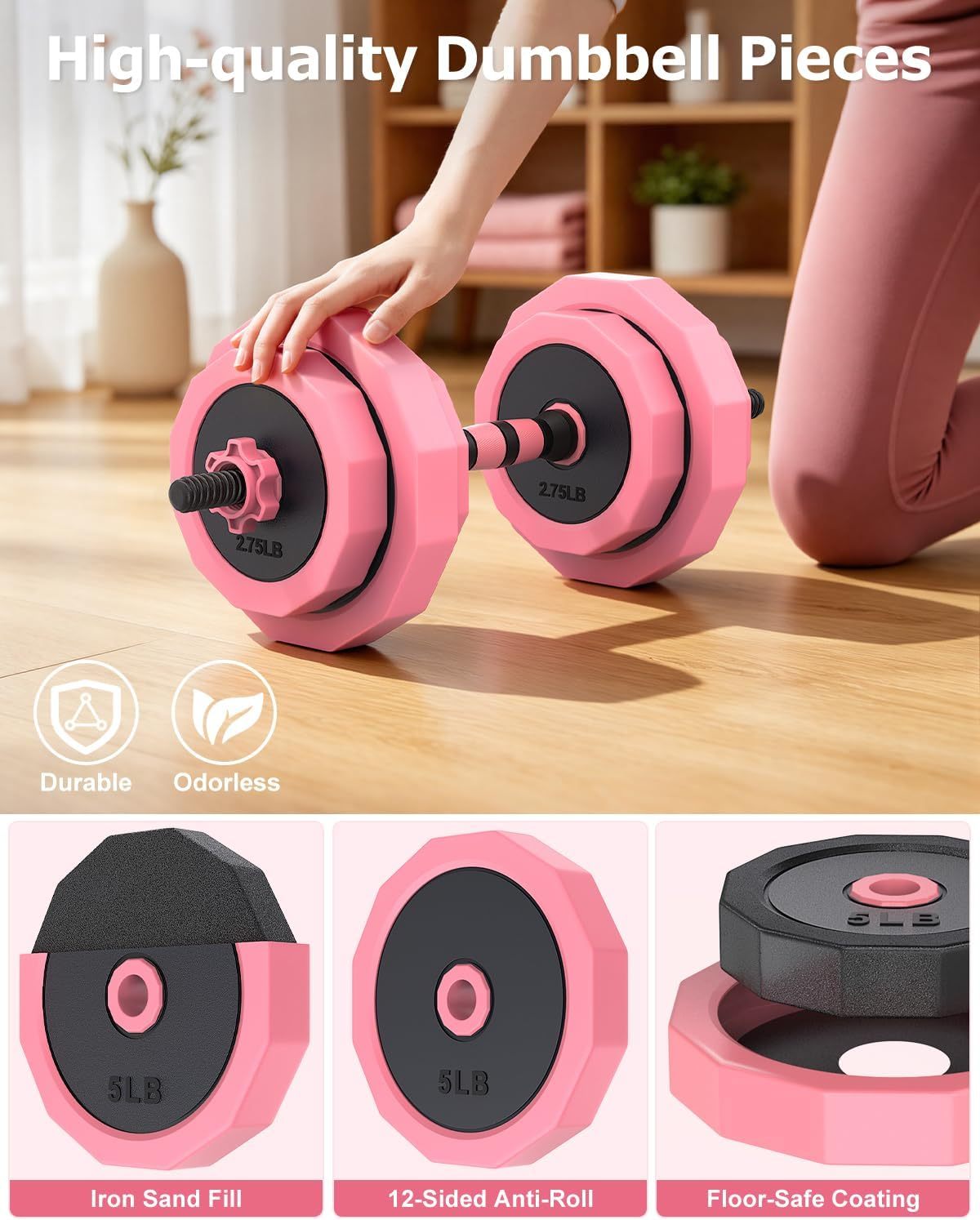 Juego de mancuernas ajustables de arena de hierro 4 en 1, juego de pesas libres con conector, utilizado como barra, pesas rusas, soporte push-up para entrenamientos en casa