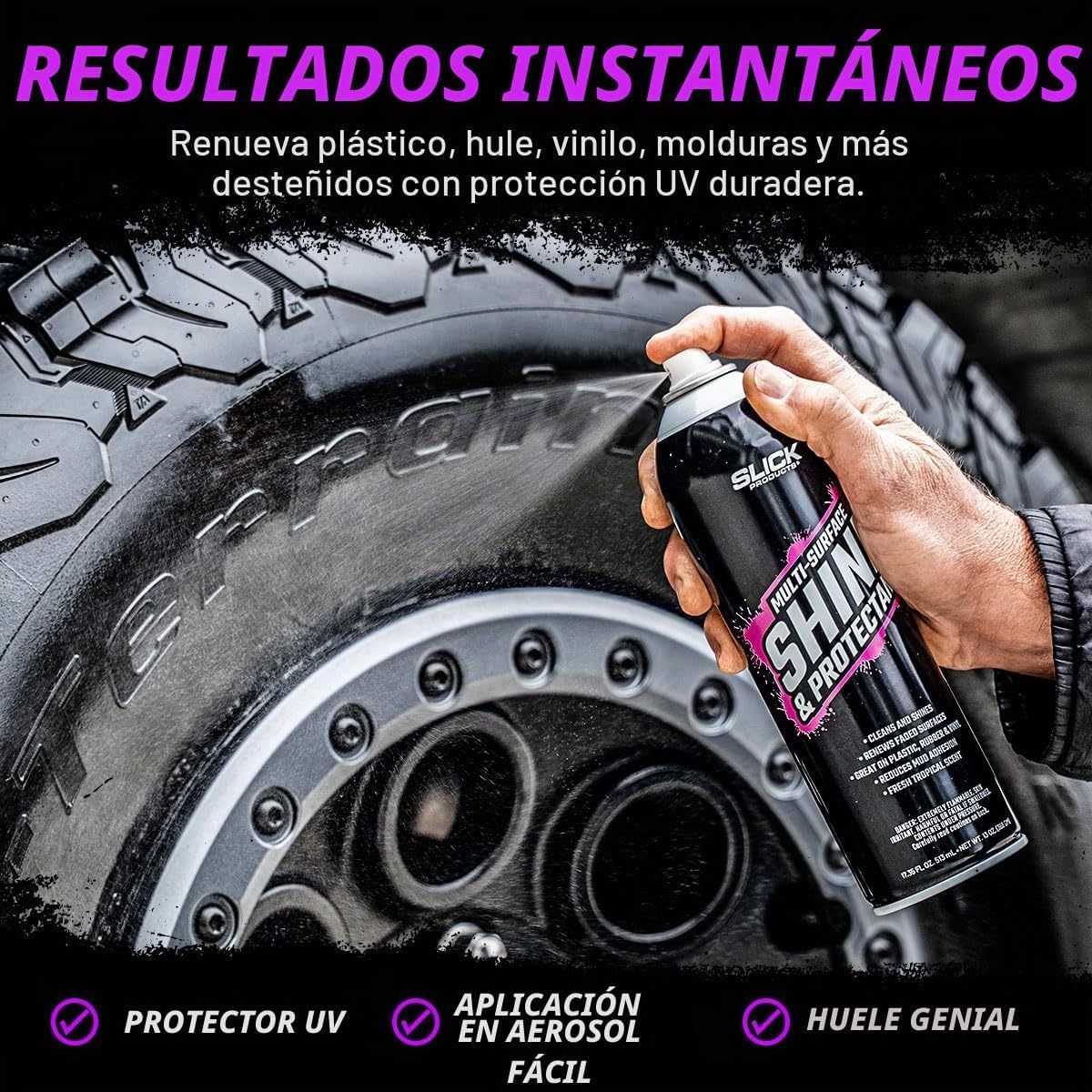 Slick Products - Revestimiento en spray protector y brillo diseñado para renovar, brillar y proteger una variedad de superficies, incluyendo plástico, vinilo, hule, fibra de vidrio y más