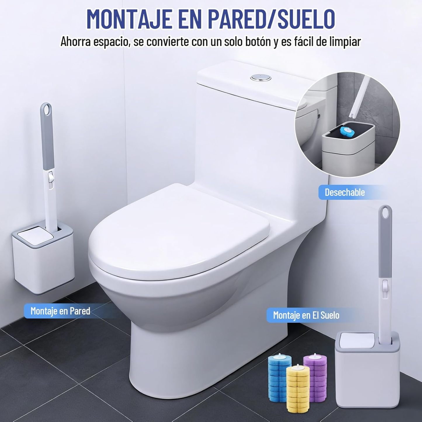 Juego de Cepillo de Inodoro Deshechable, Escobilla para Inodoro Desechable Trae Tu Propia Solución Limpiadora, con 48 Cabezales de Repuesto y Portacepillos de Almacenaje, 2 Ganchos, Limpieza de Baño