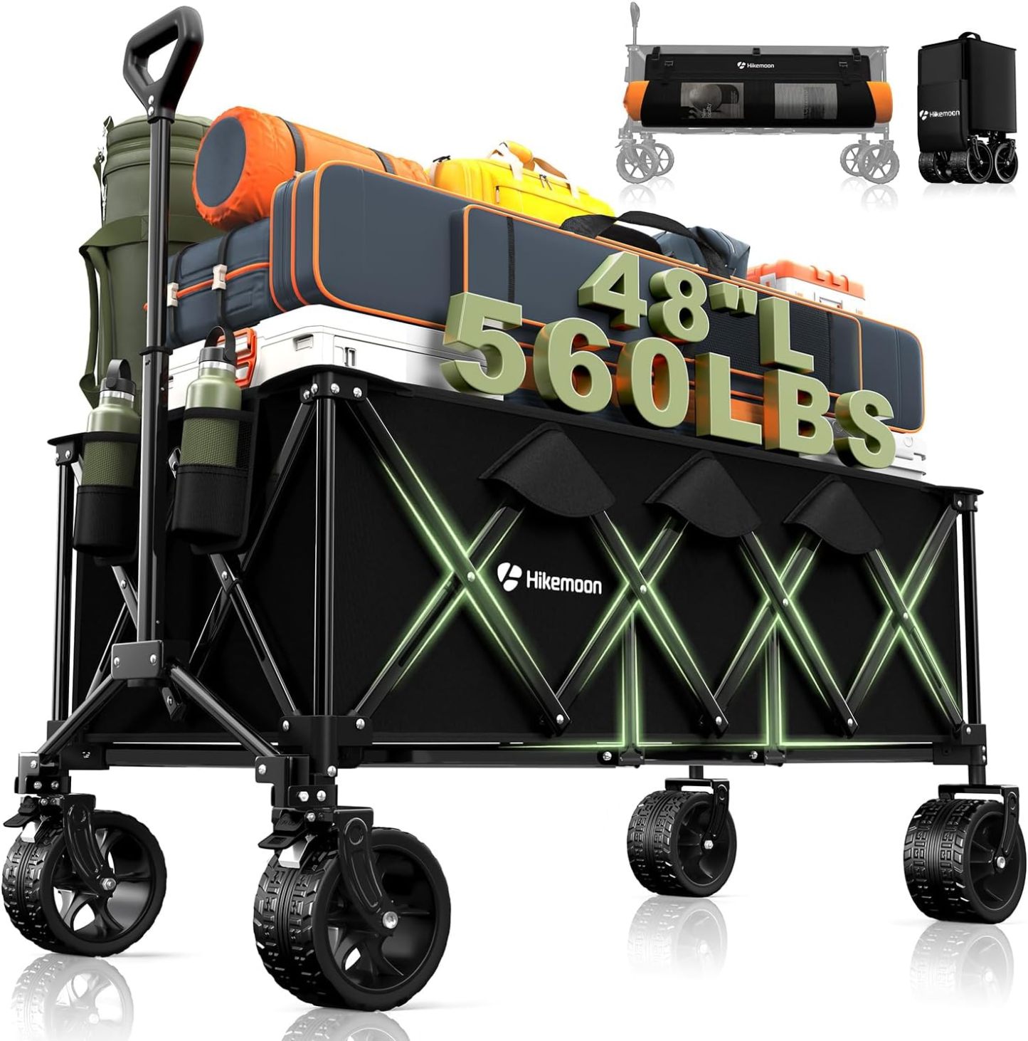 Carro Plegable Hikemoon de 48 Pulgadas, Capacidad de Peso 500 Libras, Negro, Metal, 4 Ruedas Todo Terreno, 7 Pulgadas, 1 Estante, Carro Utilitario para Compras, Jardín, Playa