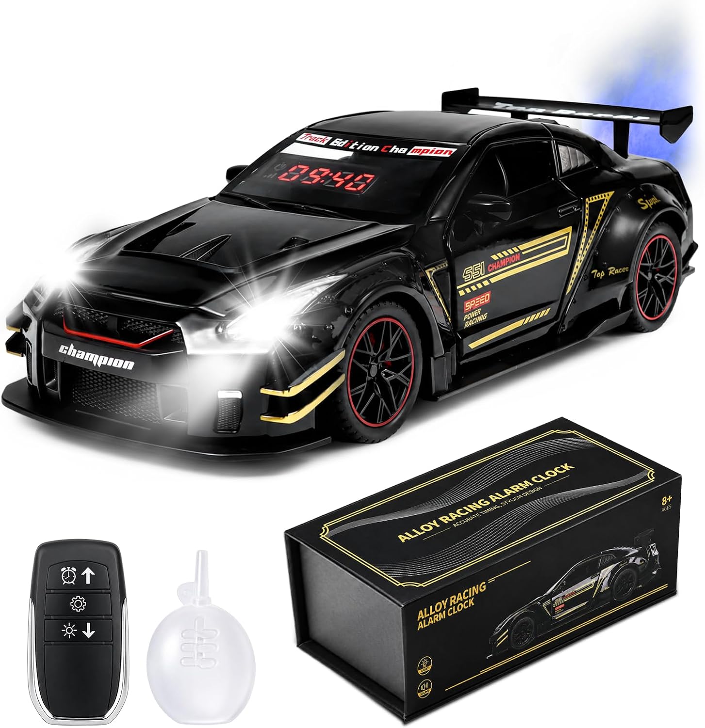 Despertador ruidoso con sonido de motor para adultos de sueño profundo | Modelo de hiperdeportivo digital LED para escritorio, con efectos de luz y vapor de escape, y función de retroimpulso (pull-back)