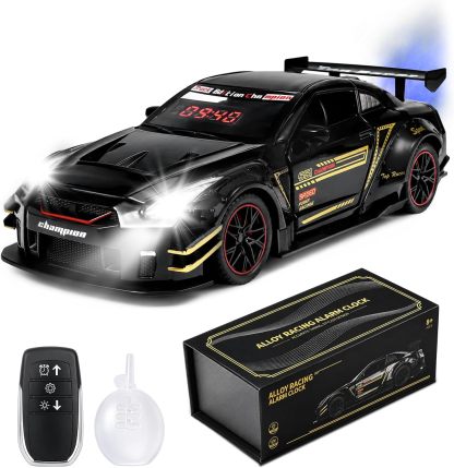 Despertador ruidoso con sonido de motor para adultos de sueño profundo | Modelo de hiperdeportivo digital LED para escritorio, con efectos de luz y vapor de escape, y función de retroimpulso (pull-back)