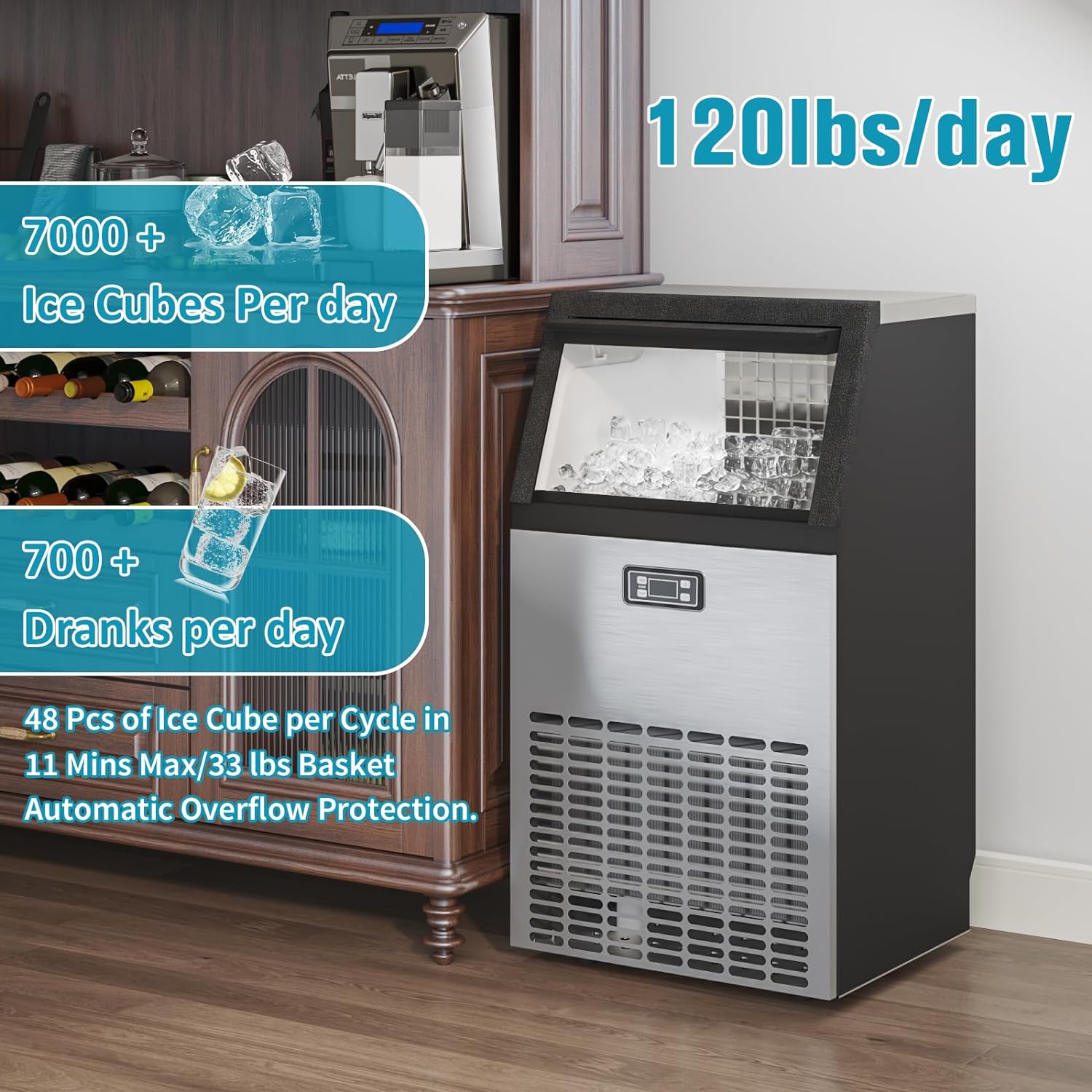 120lbs/24H Commercial Ice Maker Machine, 48 Cubes/11mins Stainless Steel Under Counter ice Machine with 33lbs Ice Storage Capacity, Self-Clean Freestanding Ice Maker