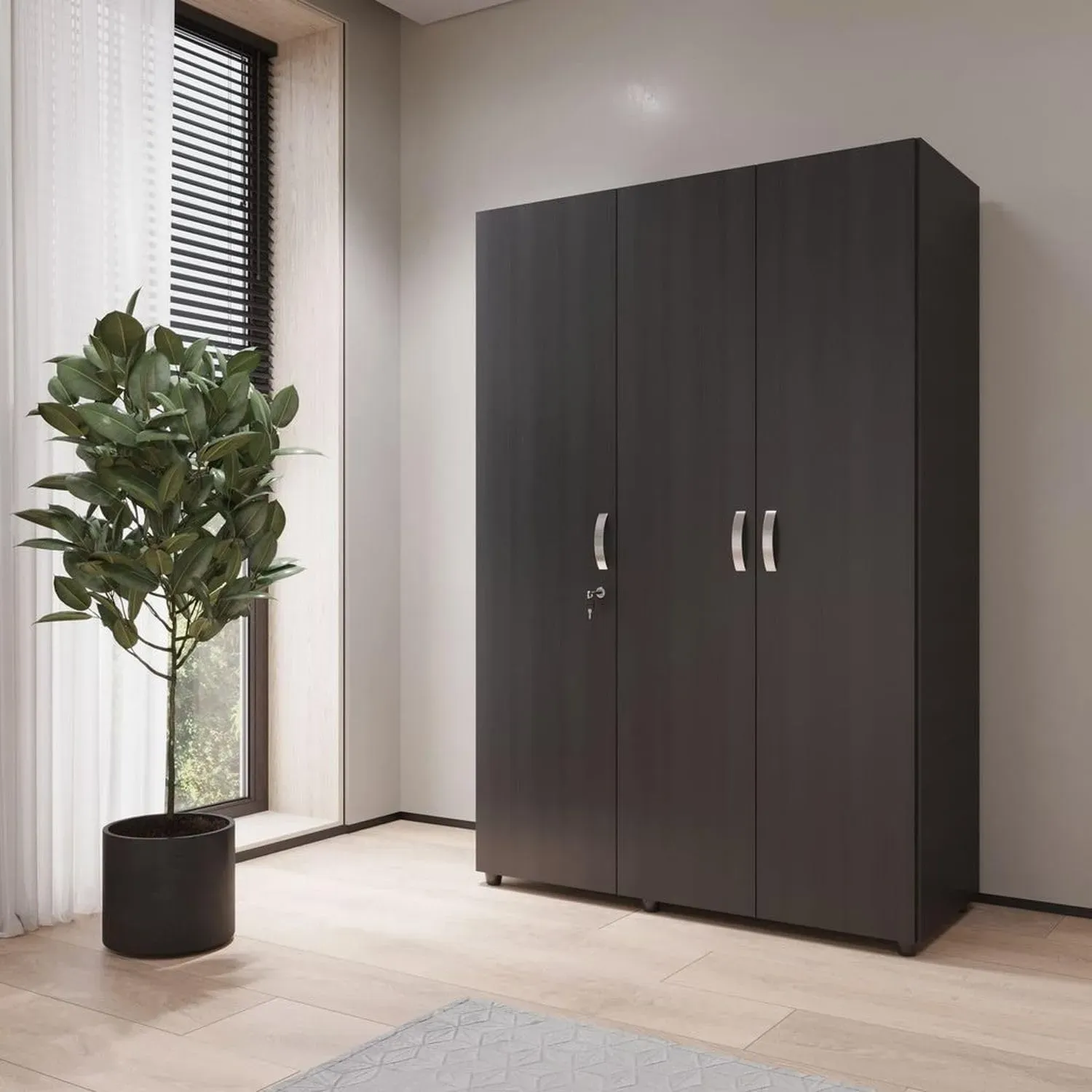 MADERKIT | Ropero Bilbao 120 cm Ancho | Tamaño Mediano | Color Wengue | 3 Puertas y Llave de Seguridad | Mueble Listo para armar | Estantes y Tubos para Colgar (Wengue)