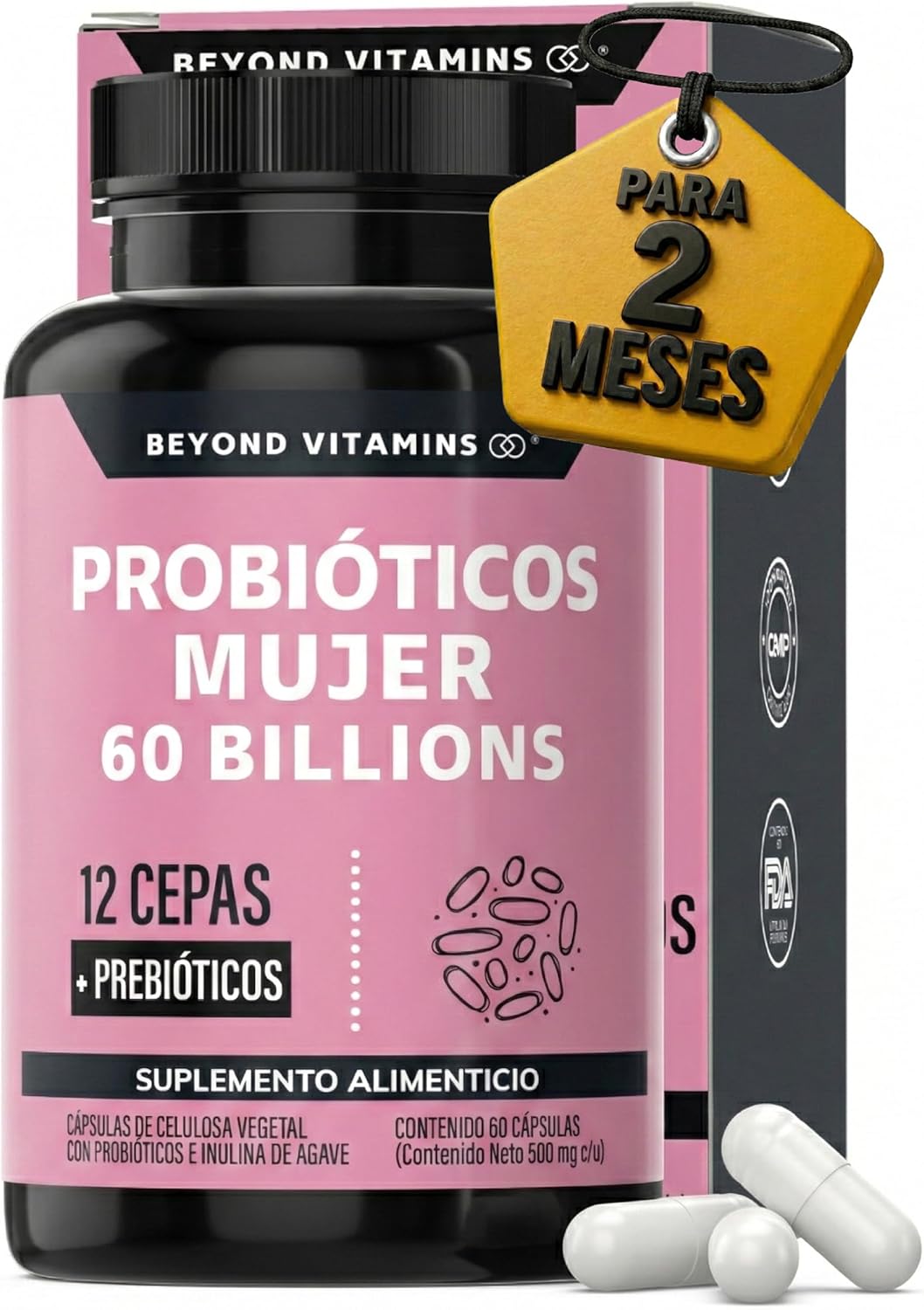  Probióticos Mujer 60 Billion + Prebióticos (prebiotic) + Inulina De Agave 12 Cepas Beyond Vitamins - Probióticos Femeninos - Flora- Fibra - 60 Cápsulas Probióticos Mujer 60 Billion + Prebióticos (prebiotic) + Inulina De Agave 12 Cepas Beyond Vitamins - P