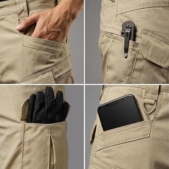 Juego de 3 piezas🔥Pantalónes Tácticos para Hombre, Pantalónes Cargo Hombre Pantalones de Trabajo Múltiples Bolsillos con Cierre Elásticos Ajuste Relajado