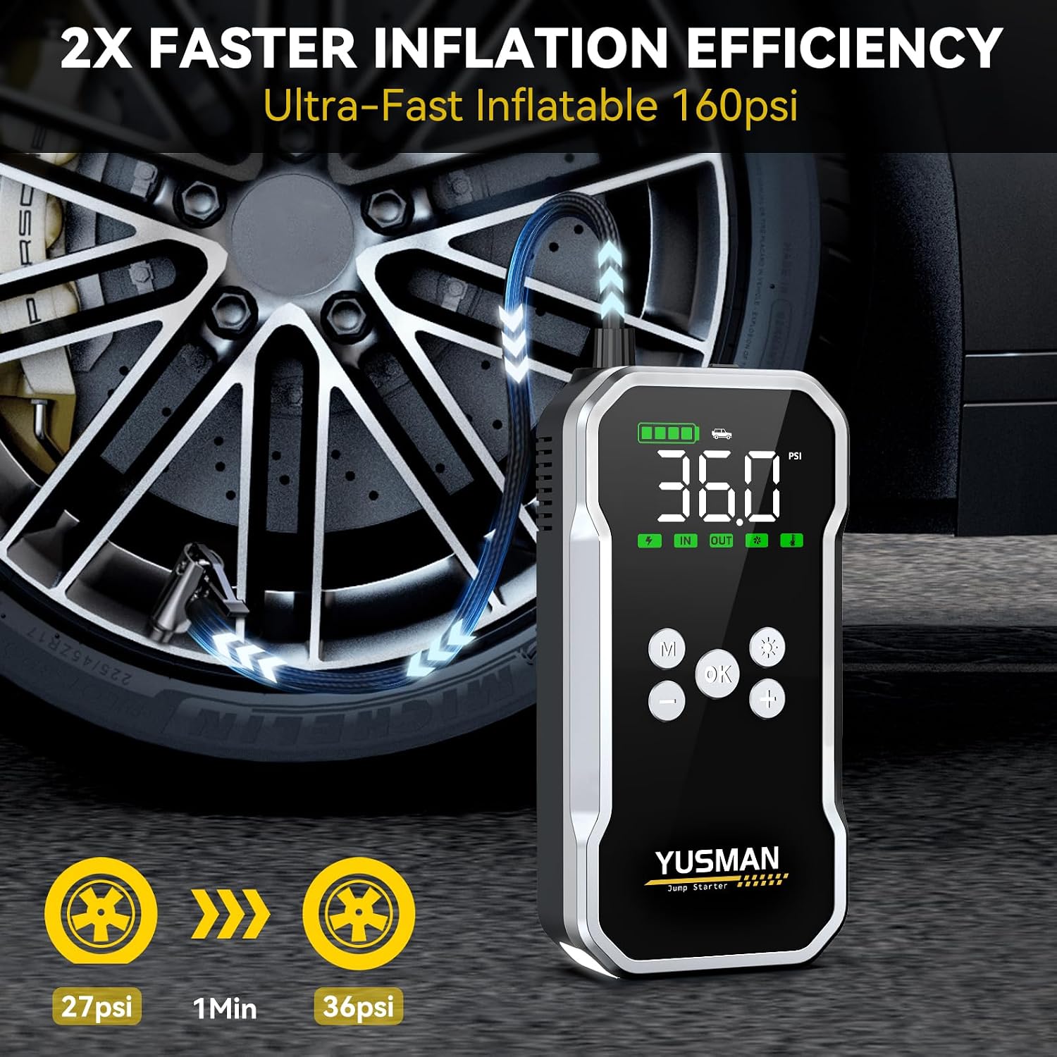 Arrancador de auto, arrancador de auto de 6000A con compresor de aire, paquete de arranque de 150PSI (6,0 Gas/3,8L Diesel), arrancador de batería de 12V con pantalla, cables de puente inteligentes, 2