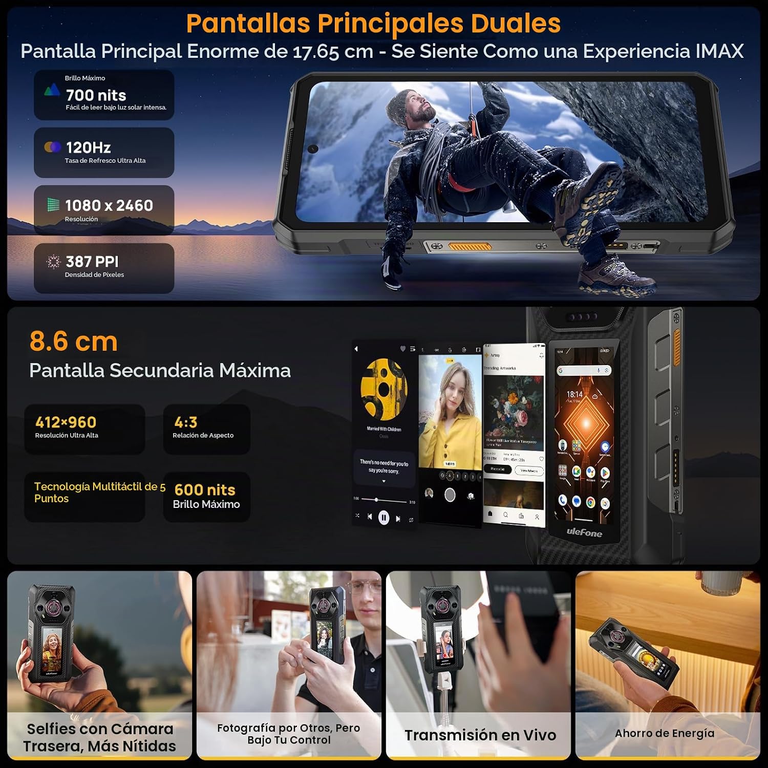 Ulefone Armor 30 Pro 5G Teléfono resistente de visualización dual, 32 GB+512 GB, 17.65 cm FHD 120Hz + 3.4 pulgadas, 12800mAh 66W, 50MP+50MP+64MP+32MP, Infinite Halo, 118dB Altavoz Android 14 robusto