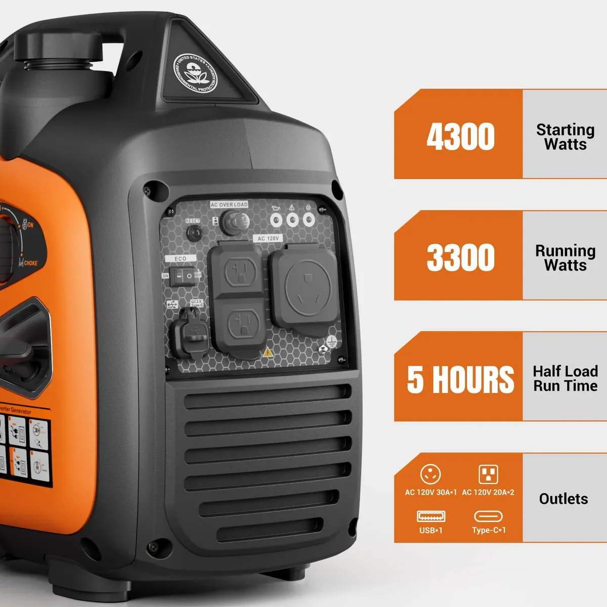 Generador Inverter Portátil Efurden de 4300W, 120V 60Hz, Motor de Gasolina de 4 Tiempos con Arranque Manual, para Respaldo Doméstico y Camping