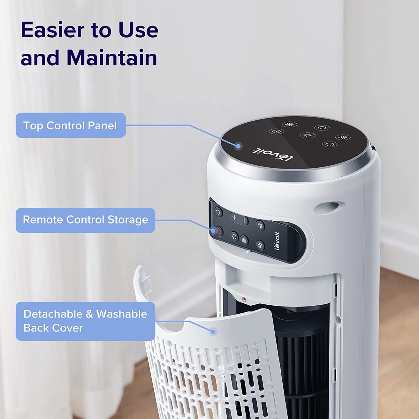 LEVOIT Tower Fan for Bedroom, 25ft/s Velocity 28dB Cooling Fan with Remote, Bladeless and 90° Oscillating Fan with 5 Speeds, 4 Modes, 12H Timer, Standing Fans for Home, White, Classic 36-Inch