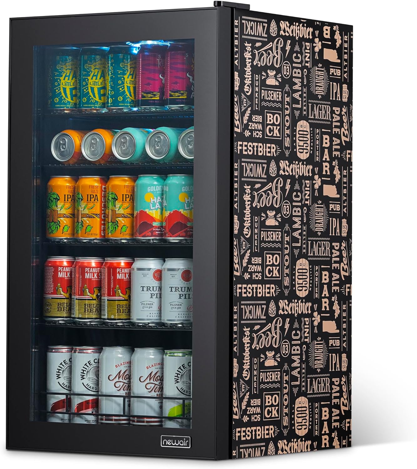 NewAir - Refrigerador de bebidas con capacidad para 126 latas - Minibar de cerveza con puerta de cristal, bisagra derecha - Enfría hasta 34 °F (1 °C) - AB-1200BC1 - Diseño de Cervezas del Mundo-Muñeca