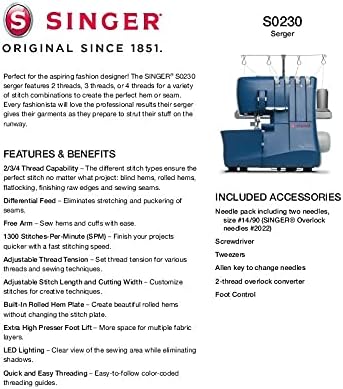 Máquina de coser overlock SINGER S0230 con kit de accesorios – Estructura resistente – 1300 puntadas por minuto – 4 hilos – Alimentación diferencial – Confección de placas de corte