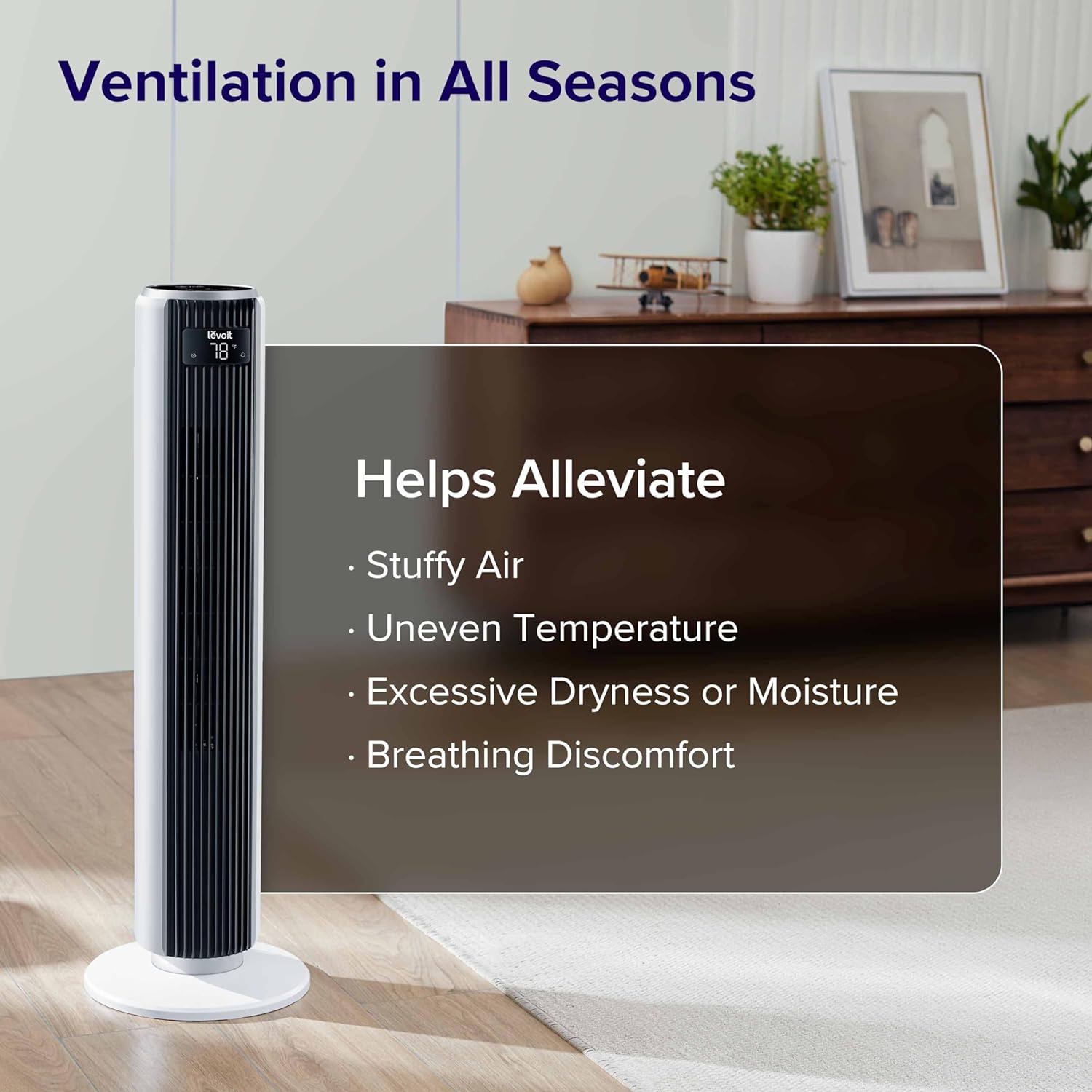 LEVOIT Tower Fan for Bedroom, 25ft/s Velocity 28dB Cooling Fan with Remote, Bladeless and 90° Oscillating Fan with 5 Speeds, 4 Modes, 12H Timer, Standing Fans for Home, White, Classic 36-Inch