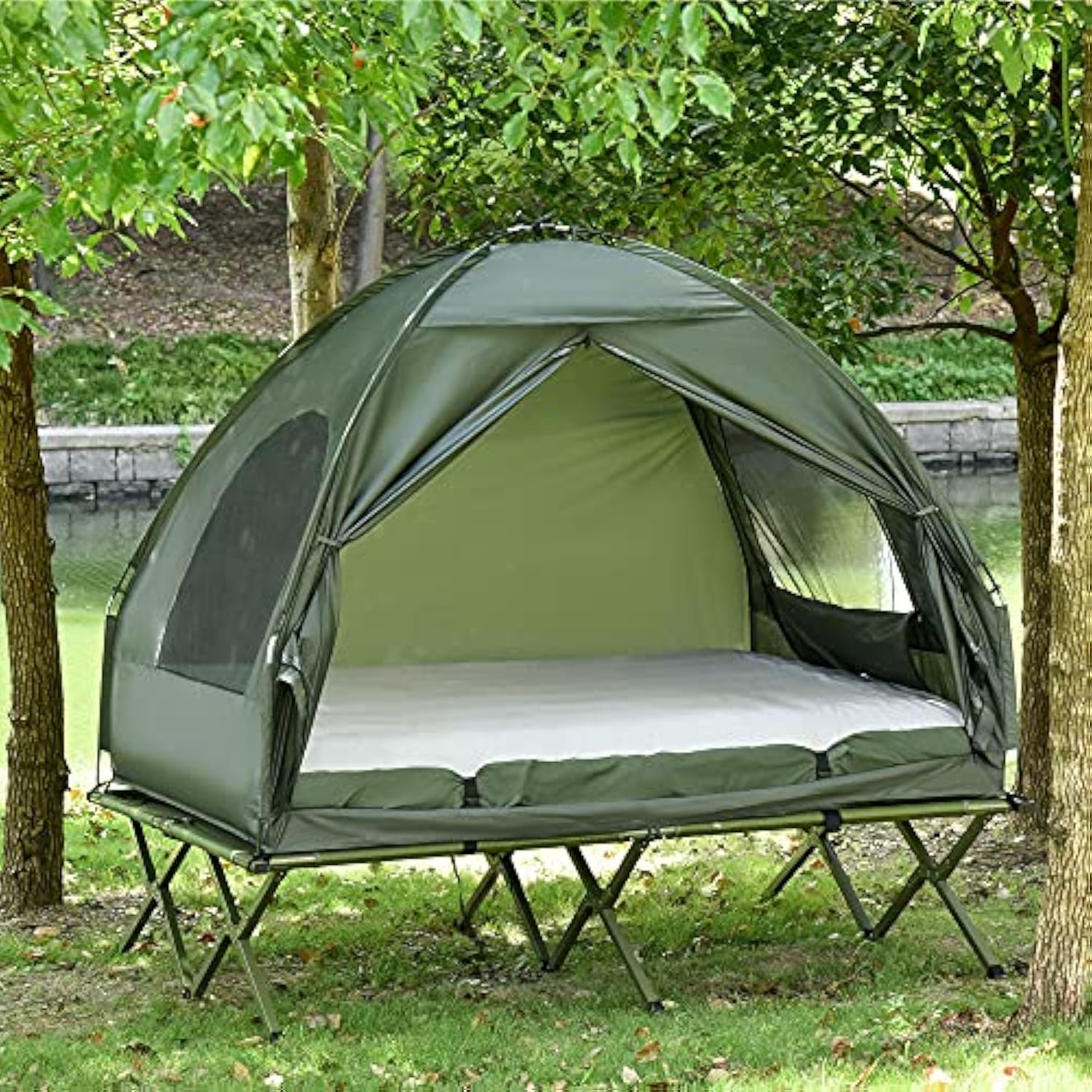 Outsunny - Cuna plegable para 2 personas con tienda, colcha y colchón de aire grueso, tienda de campaña 4 en 1 para senderismo al aire última intervensión, picnic, viajes-almohada
