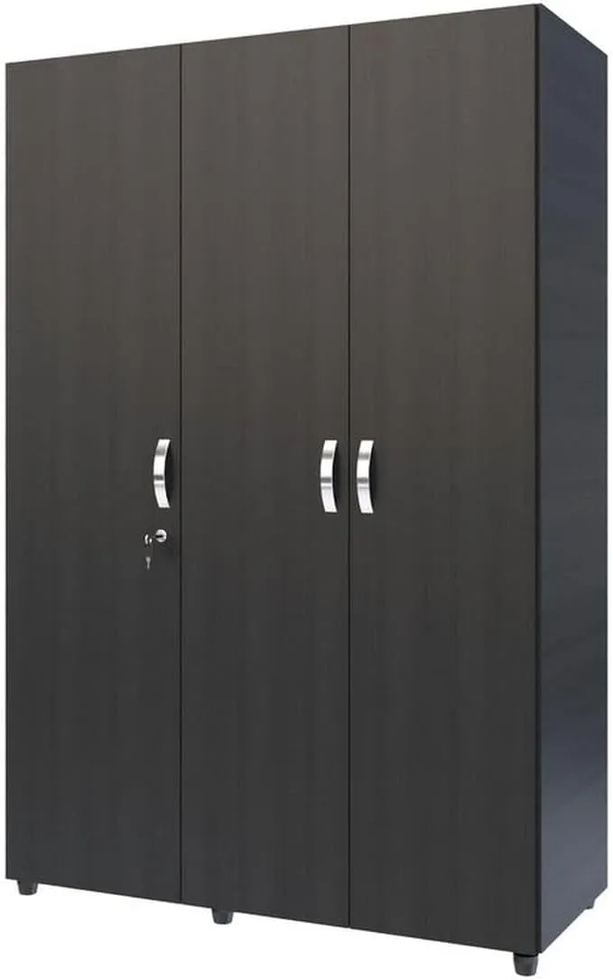 MADERKIT | Ropero Bilbao 120 cm Ancho | Tamaño Mediano | Color Wengue | 3 Puertas y Llave de Seguridad | Mueble Listo para armar | Estantes y Tubos para Colgar (Wengue)