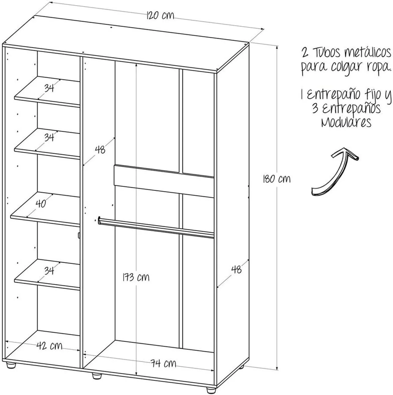 MADERKIT | Ropero Bilbao 120 cm Ancho | Tamaño Mediano | Color Wengue | 3 Puertas y Llave de Seguridad | Mueble Listo para armar | Estantes y Tubos para Colgar (Wengue)