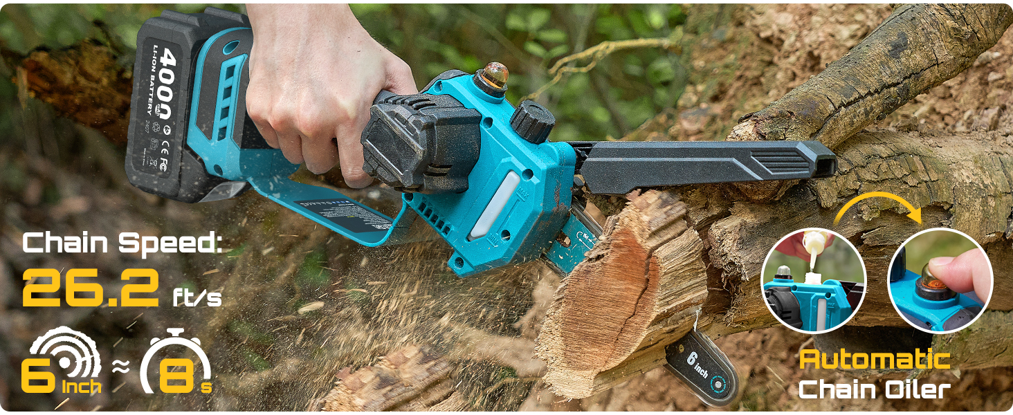 High speed 26ft per s chain saw speed designed to slice through thick branches in seconds