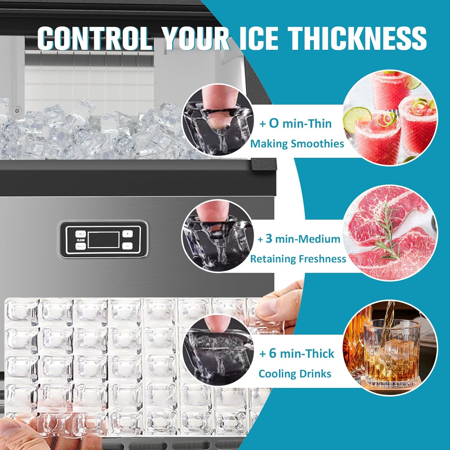120lbs/24H Commercial Ice Maker Machine, 48 Cubes/11mins Stainless Steel Under Counter ice Machine with 33lbs Ice Storage Capacity, Self-Clean Freestanding Ice Maker
