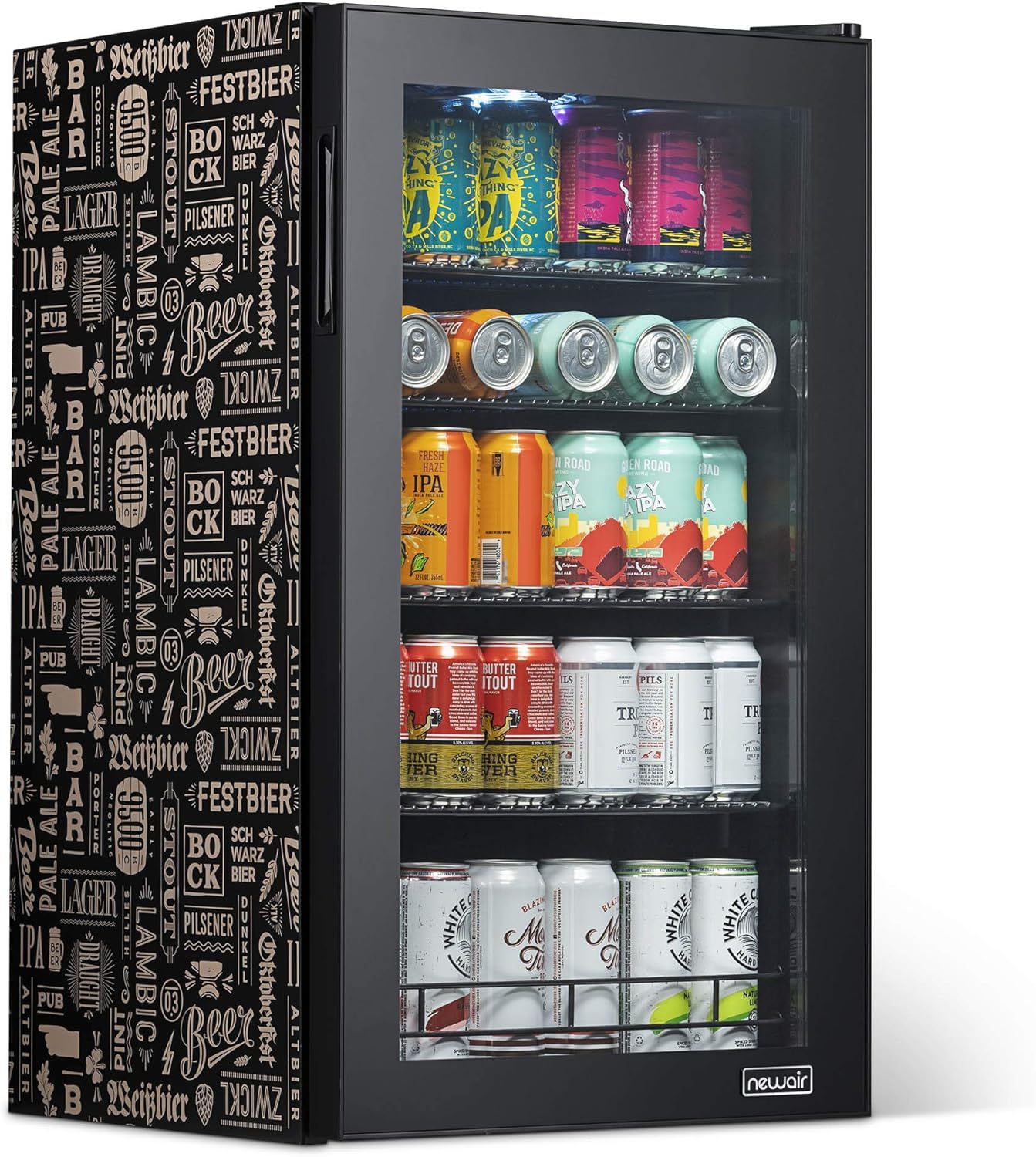 NewAir - Refrigerador de bebidas con capacidad para 126 latas - Minibar de cerveza con puerta de cristal, bisagra derecha - Enfría hasta 34 °F (1 °C) - AB-1200BC1 - Diseño de Cervezas del Mundo-Muñeca