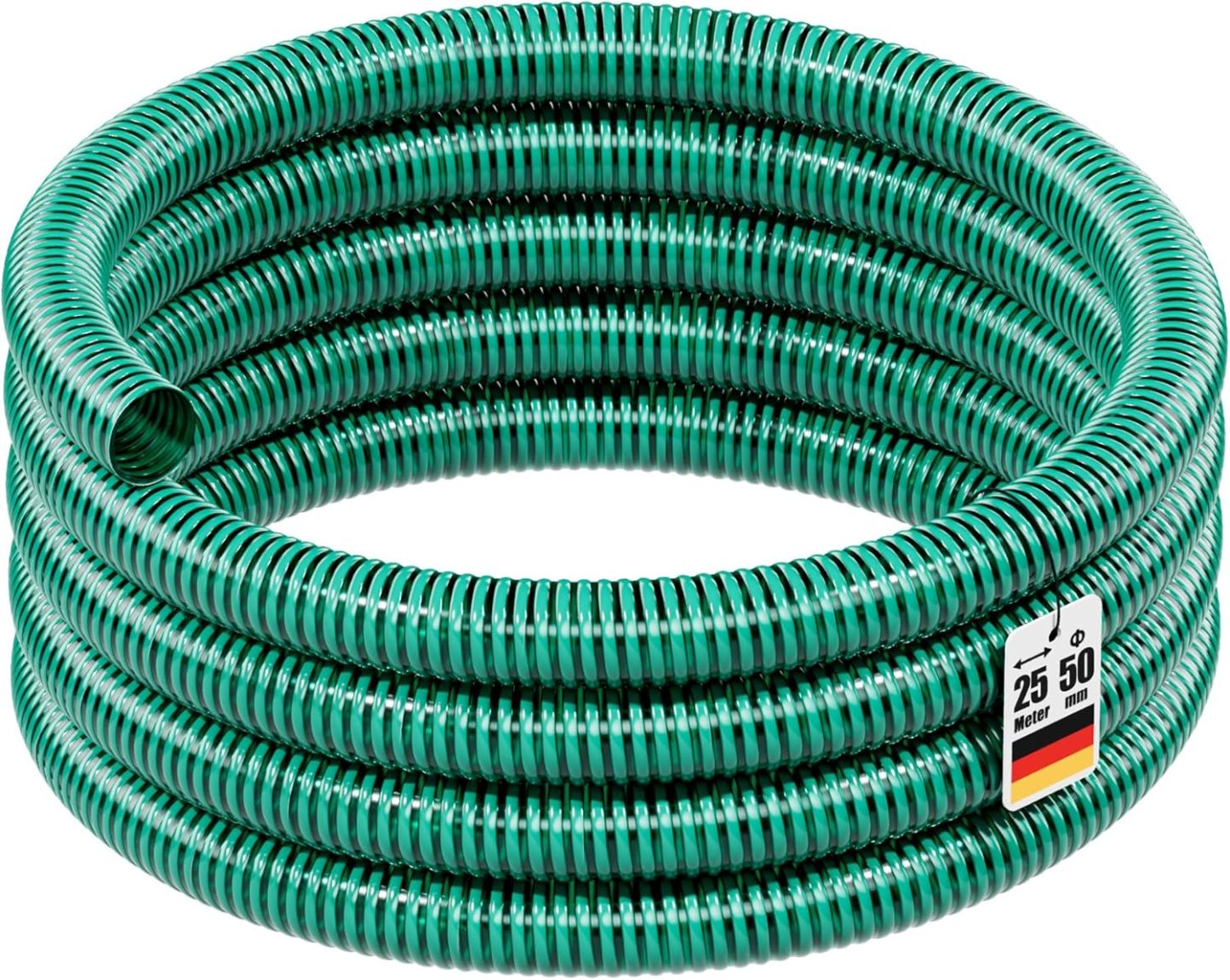 Wiltec Tuyau d'aspiration vert - 25 m/diamètre 50 mm 2" / 350 g/m - avec Spirale de renforcement - Tube à pression souple en PVC - pour Arrosage Irrigation Jardinage Évacuation Refoulement-Daviakanest