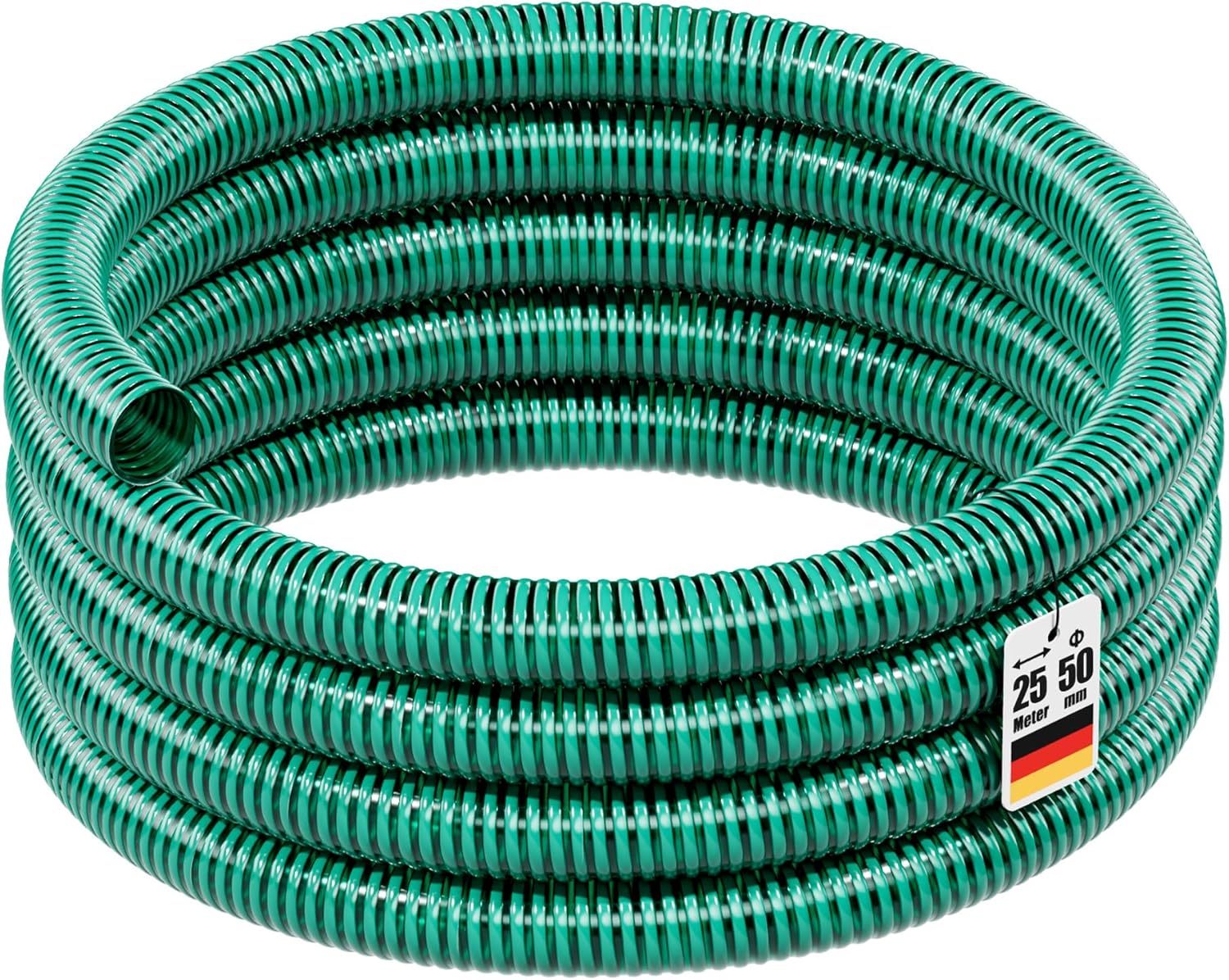 Wiltec Tuyau d'aspiration vert - 25 m/diamètre 50 mm 2" / 350 g/m - avec Spirale de renforcement - Tube à pression souple en PVC - pour Arrosage Irrigation Jardinage Évacuation Refoulement-Daviakanest