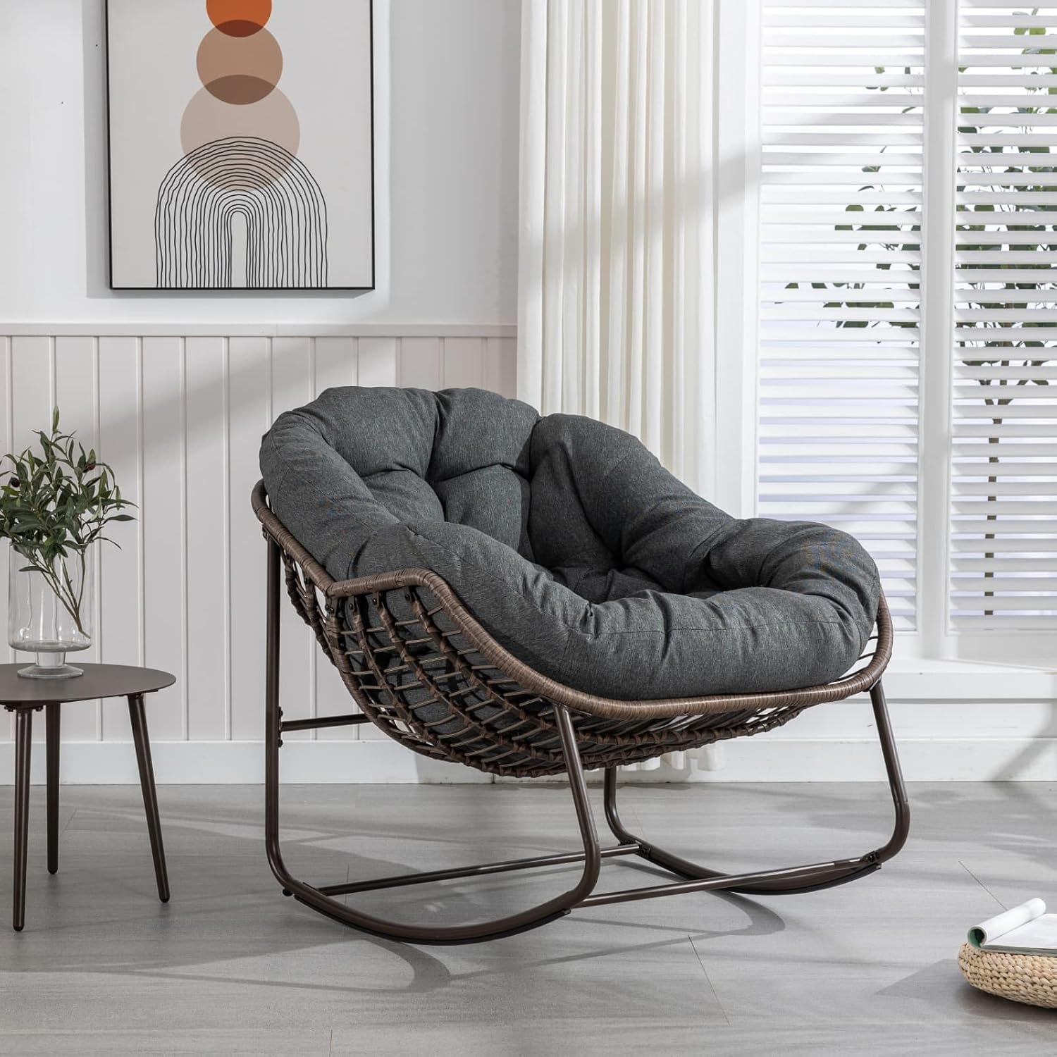 KOMHTOM Fauteuil à Bascule en Rotin d'extérieur, Fauteuil de Jardin, Rocking Chair, avec Coussin, Structure Métallique, pour Véranda, Salon, Terrasse, Jardin Gris-Daviakanest