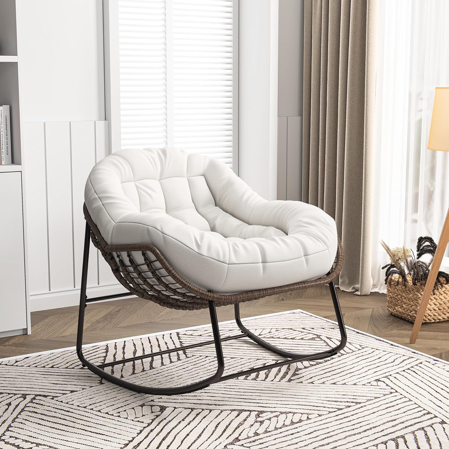 belupai Fauteuil à bascule en forme d'œuf en osier, jardin à bascule en rotin avec rembourré, chaise d'allaitement, cadre en métal, pour extérieur et intérieur, jusqu'à 113 kg beige-Daviakanest