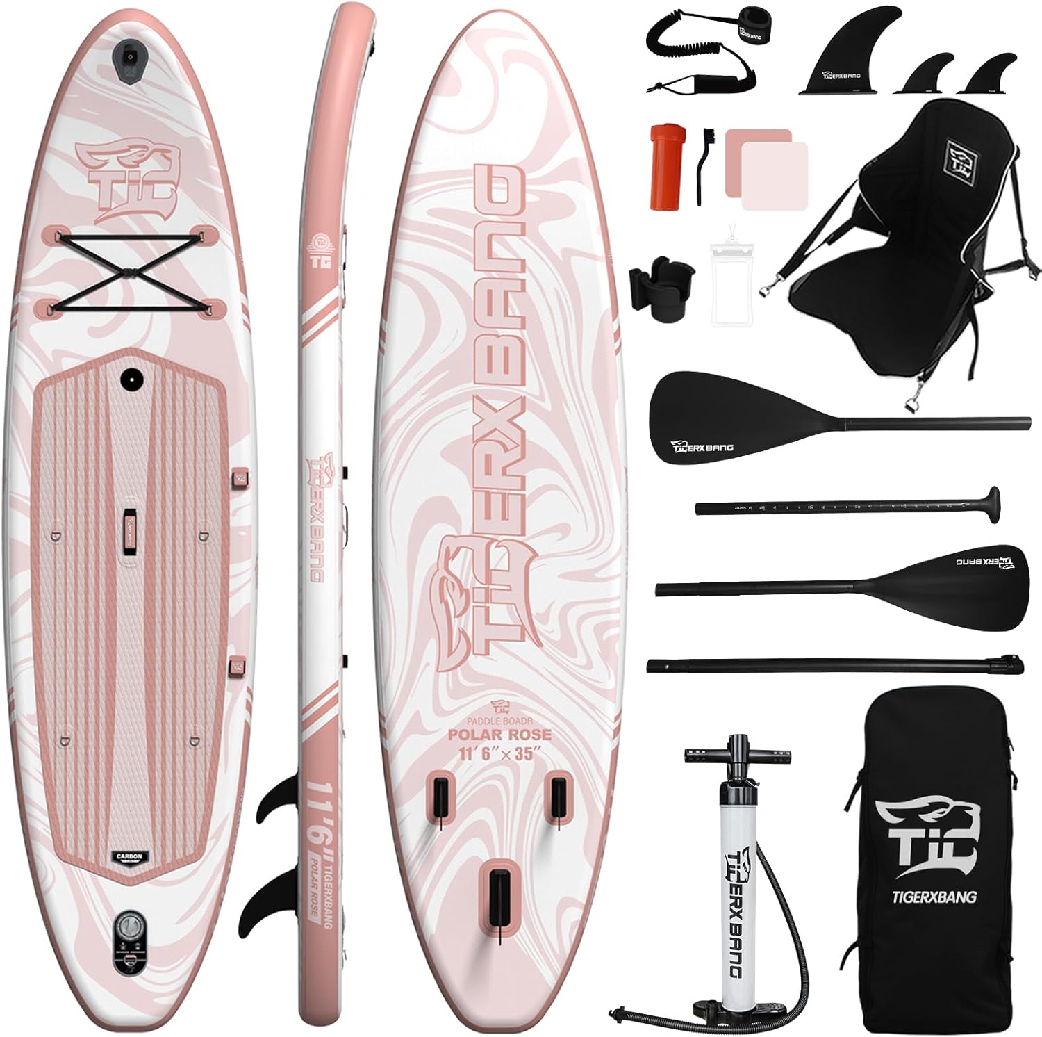 TIGERXBANG Planche à Pagaie Gonflable de 353x89x15cm avec Accessoires Complets, Grandes Planches à Pagaie de Qualité Supérieure pour Adultes/Jeunes, Collection Polar Rose-Daviakanest