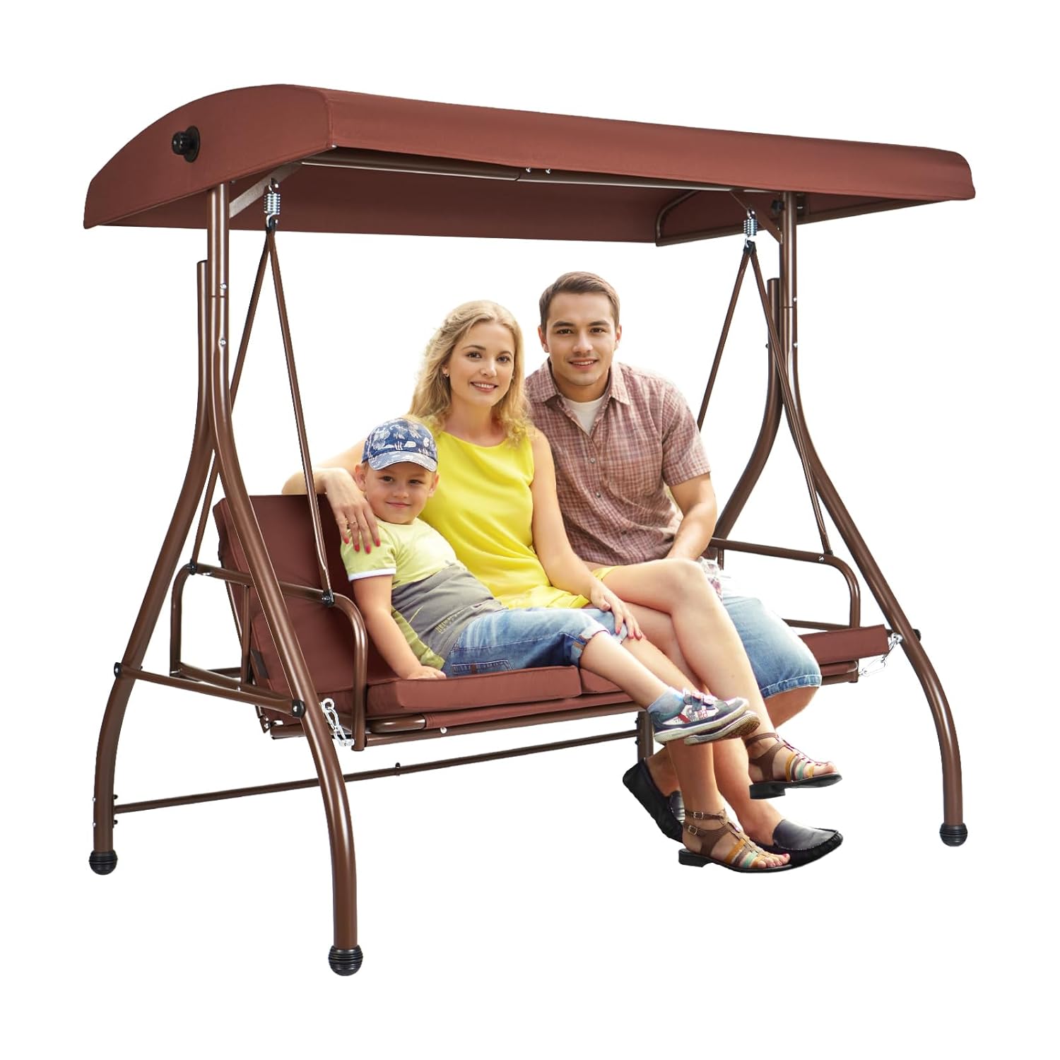 VEVOR Balancelle de terrasse 3 Places, balançoire Convertible avec auvent réglable de Porche extérieur, avec Coussin épais Amovible, Cadre en Acier allié, pour Balcon, Jardin, Bord de Piscine, Marron-Daviakanest