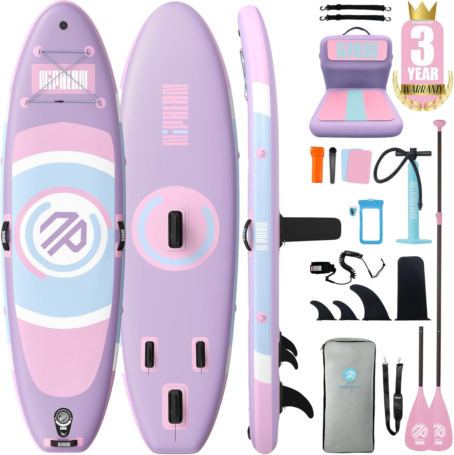 Niphean Paddle Gonflable Adulte, Planches de Stand up Paddle Gonflable de 305 cm avec Ailettes d'Équilibre pour Débutants et Accessoires Résistants, Planche de Surf Polyvalente pour Le Yoga-Daviakanest