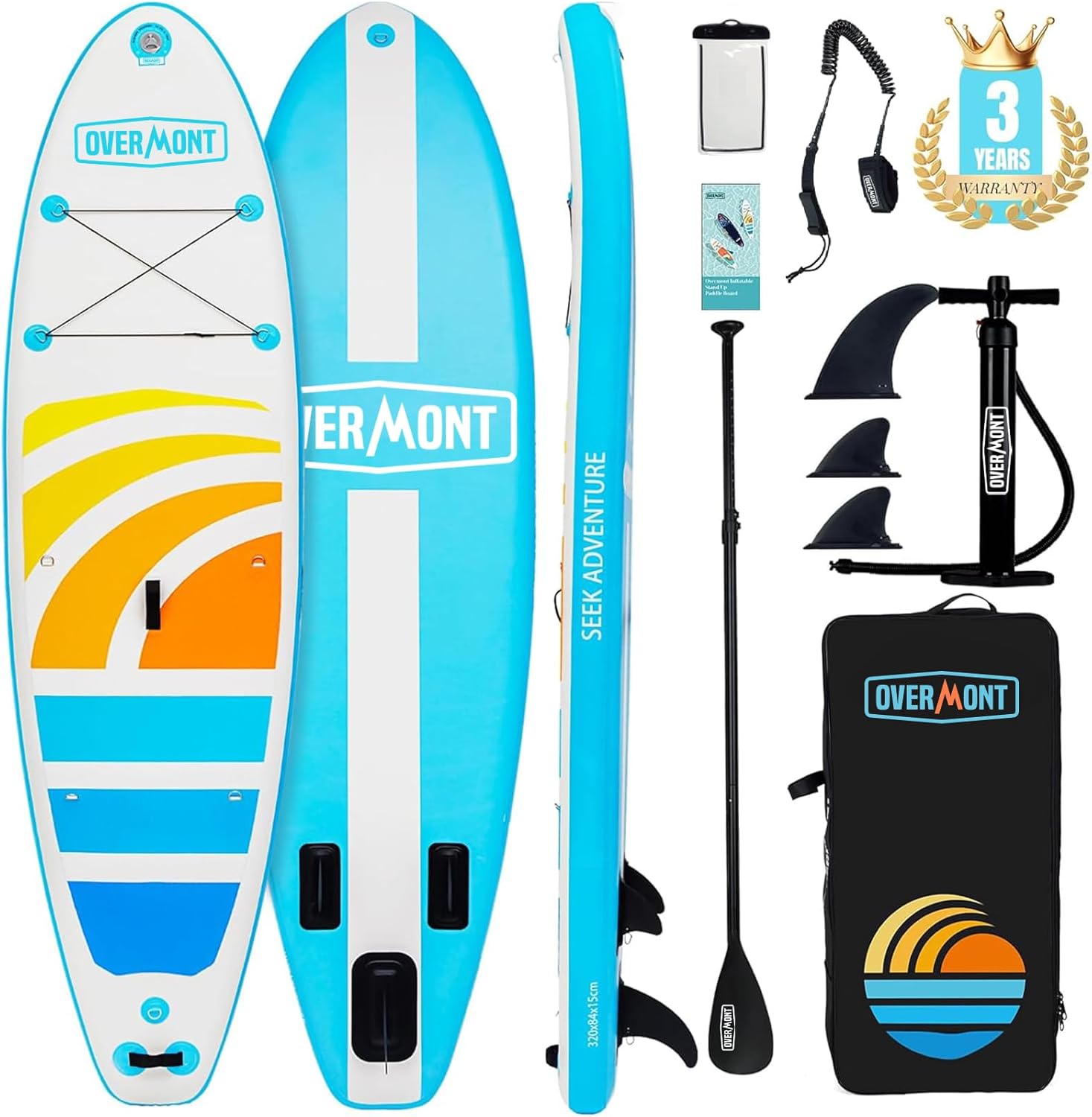 Overmont Planche de Sup Gonflable - Stand Up Paddle avec Accessoires - Inclut Une pagaie réglable, Une Pompe, Un aileron Amovible, Un Leash de Surf et Un Sac à Dos étanche-Daviakanest