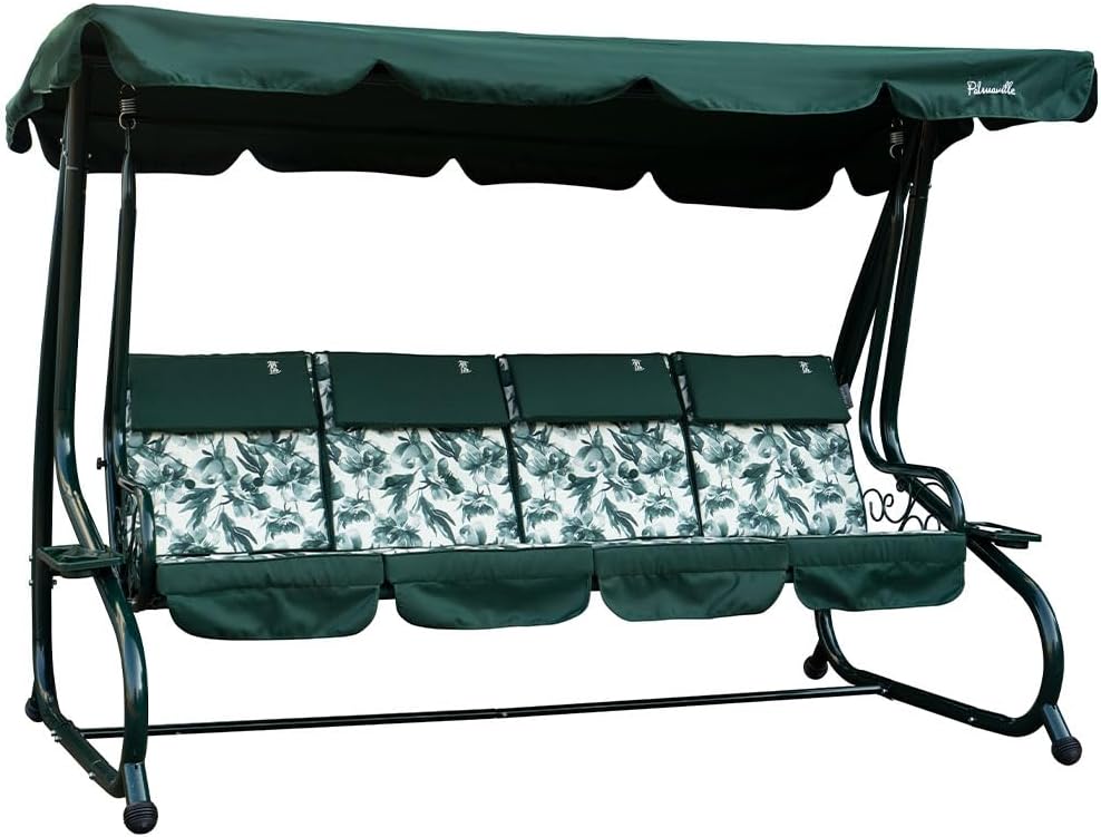 Balancelle de jardin avec fonction inclinable en lit avec toit réglable, coussins rembourrés de 7 cm avec appui-tête amovibles et structure en acier peint Mizar vert bégonia, 4 places-Daviakanest