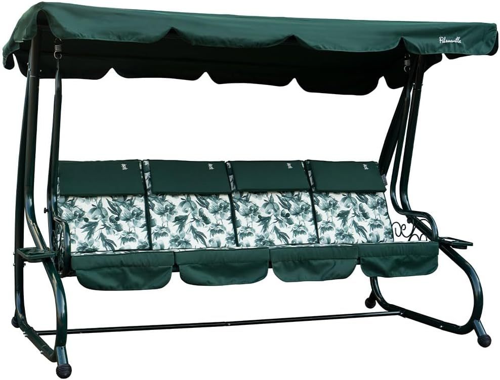 Balancelle de jardin avec fonction inclinable en lit avec toit réglable, coussins rembourrés de 7 cm avec appui-tête amovibles et structure en acier peint Mizar vert bégonia, 4 places-Daviakanest