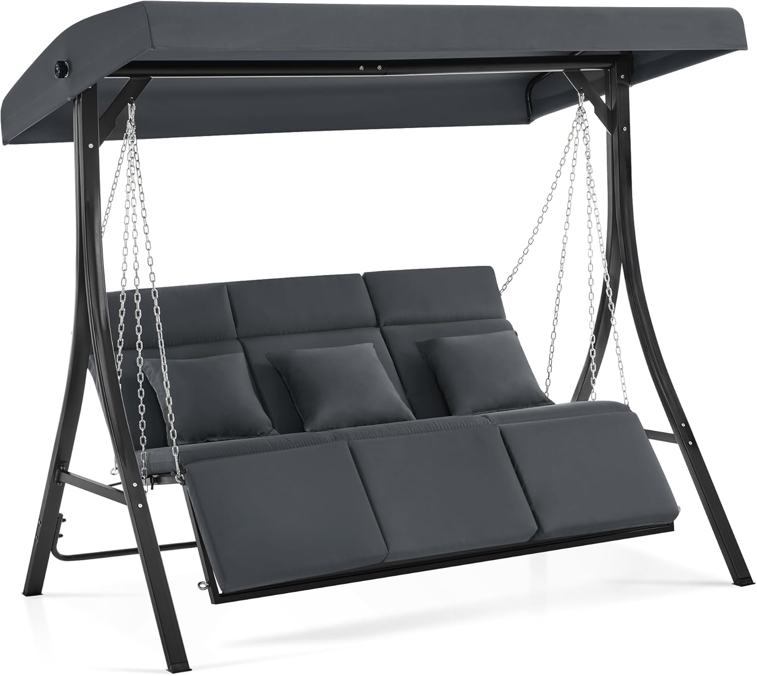 M MCombo Balançoire Hollywood avec Fonction inclinable, balançoire de Jardin 3 Places résistante aux intempéries, Banc balançoire avec chaînes en métal, Toit réglable, 8018 Gris Gel foncé-Daviakanest