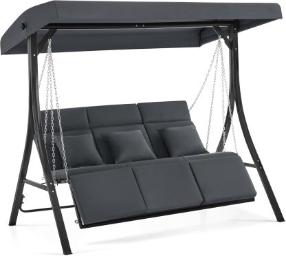 M MCombo Balançoire Hollywood avec Fonction inclinable, balançoire de Jardin 3 Places résistante aux intempéries, Banc balançoire avec chaînes en métal, Toit réglable, 8018 Gris Gel foncé-Daviakanest