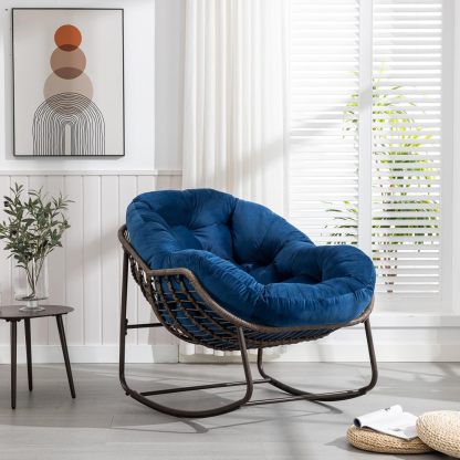 KOMHTOM Fauteuil à Bascule en Rotin d'extérieur, Fauteuil de Jardin, Rocking Chair, avec Coussin, Structure Métallique, pour Véranda, Salon, Terrasse, Jardin Bleu Marine-Daviakanest