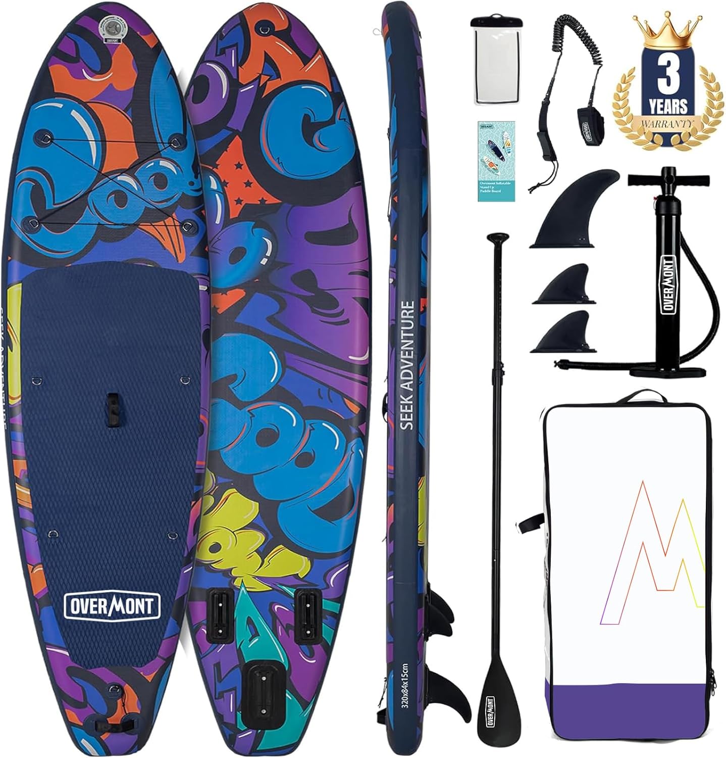 Overmont Planche de Sup Gonflable - Stand Up Paddle avec Accessoires - Inclut Une pagaie réglable, Une Pompe, Un aileron Amovible, Un Leash de Surf et Un Sac à Dos étanche-Daviakanest