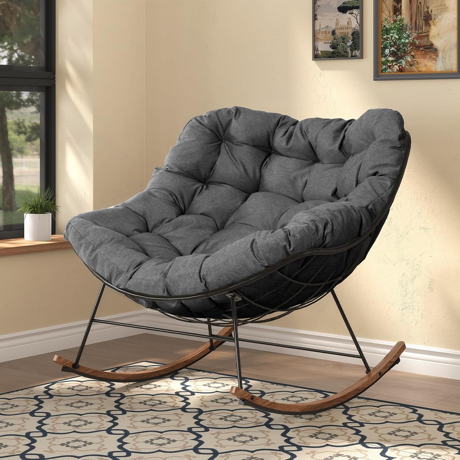 Grand patio Fauteuil à bascule de jardin, à bascule, pour salon, relaxation, avec rembourrage, charge maximale : 150 kg, pour jardin, chambre à coucher, salon, coin, véranda, gris clair Gris foncé-Daviakanest