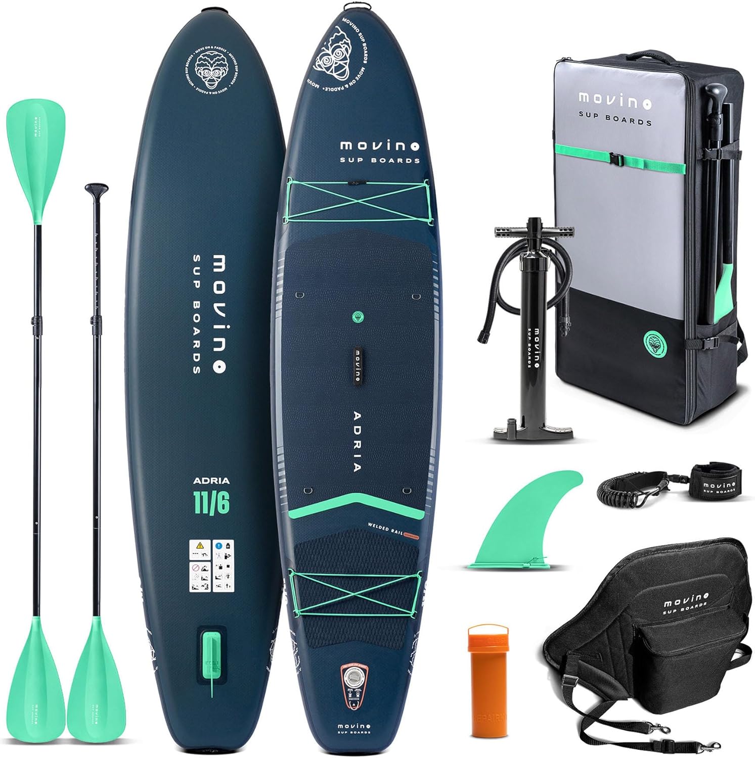 Movino Paddle Gonflable Adulte - 2in1 Sup Kayak - Jusqu'à 165 kg - avec Pagaie - 350 x 83 x 15 cm - Planche de Stand Up Paddle Adria 11'6"-Daviakanest