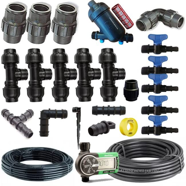 Suinga Kit d'arrosage automatique goutte à goutte pour jardin jusqu'à 100 m2. Comprend tuyau, programmateur d'arrosage 1ZEHTMR R.Bird et accessoires d'installation pour raccordement au robinet.-Daviakanest