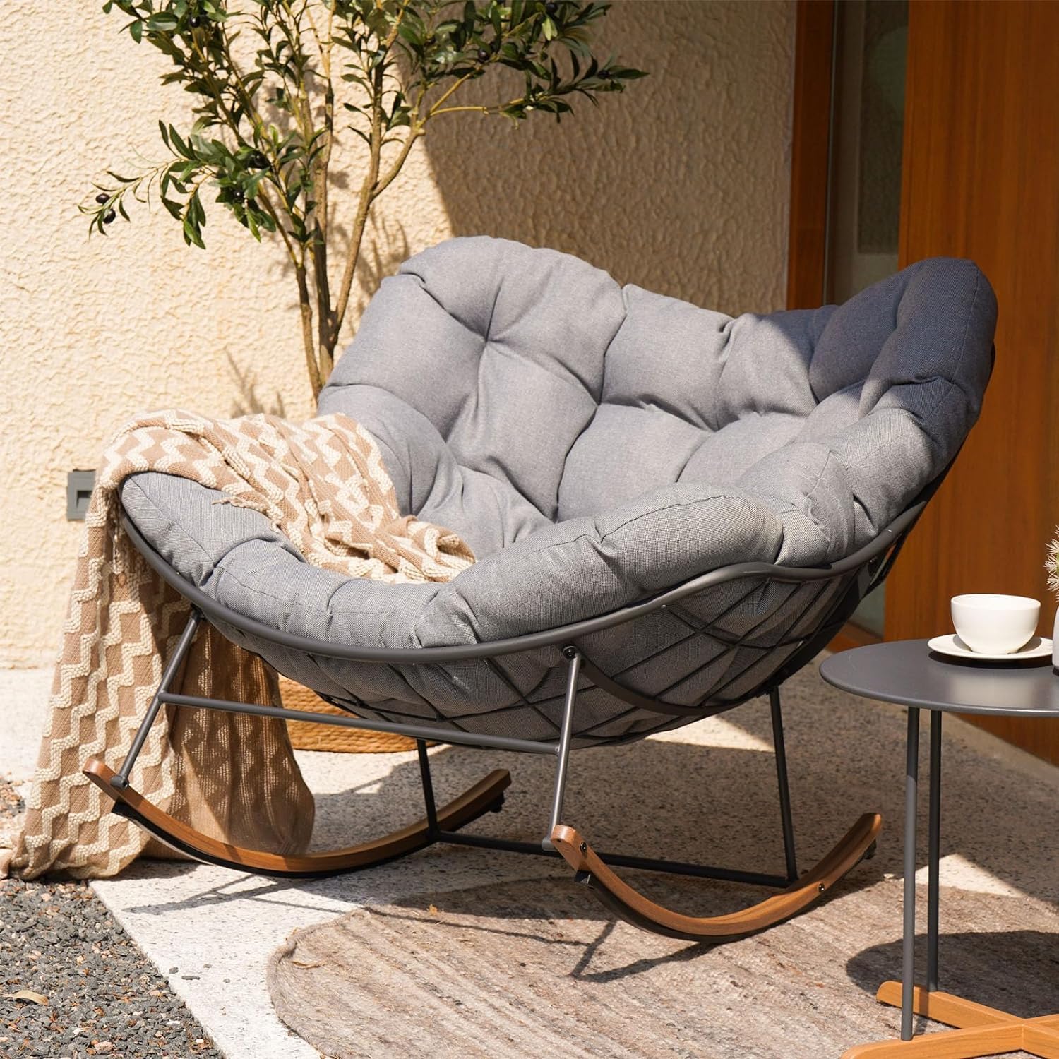 Grand patio Fauteuil à bascule de jardin, à bascule, pour salon, relaxation, avec rembourrage, charge maximale : 150 kg, pour jardin, chambre à coucher, salon, coin, véranda, gris clair Gris-Daviakanest