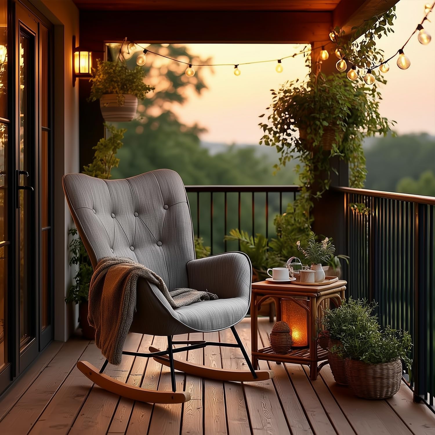Meuble Cosy Fauteuil à Bascule de Jardin, Chaise de Détente pour Terrasse et Balcon Couverts, Design Scandinave avec Pieds Bois et Métal, Tissu Non Imperméable-Daviakanest
